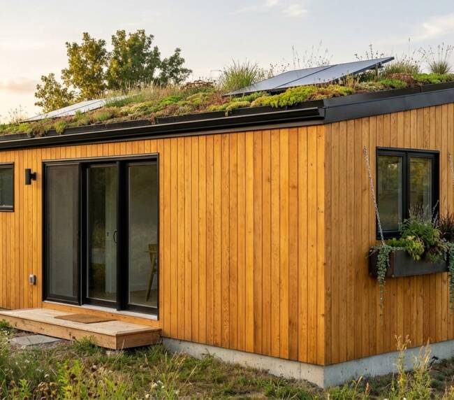 Tiny House Familiale Compacte vue extérieure végétale