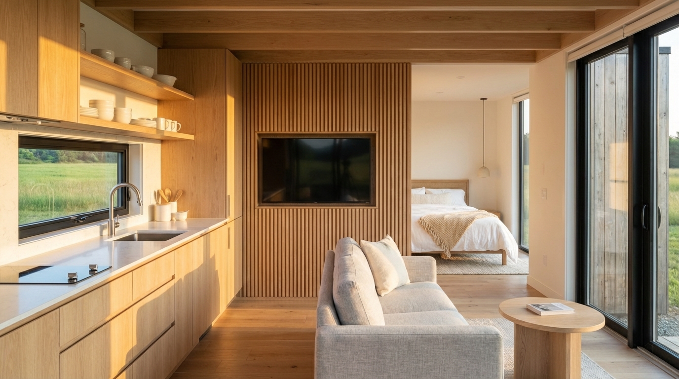 Interieur petite maison Modulaire Evolutive - salon cuisine Haven Green